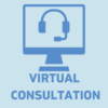 graphic of computer with headphones with text VIRTUAL CONSULTATION